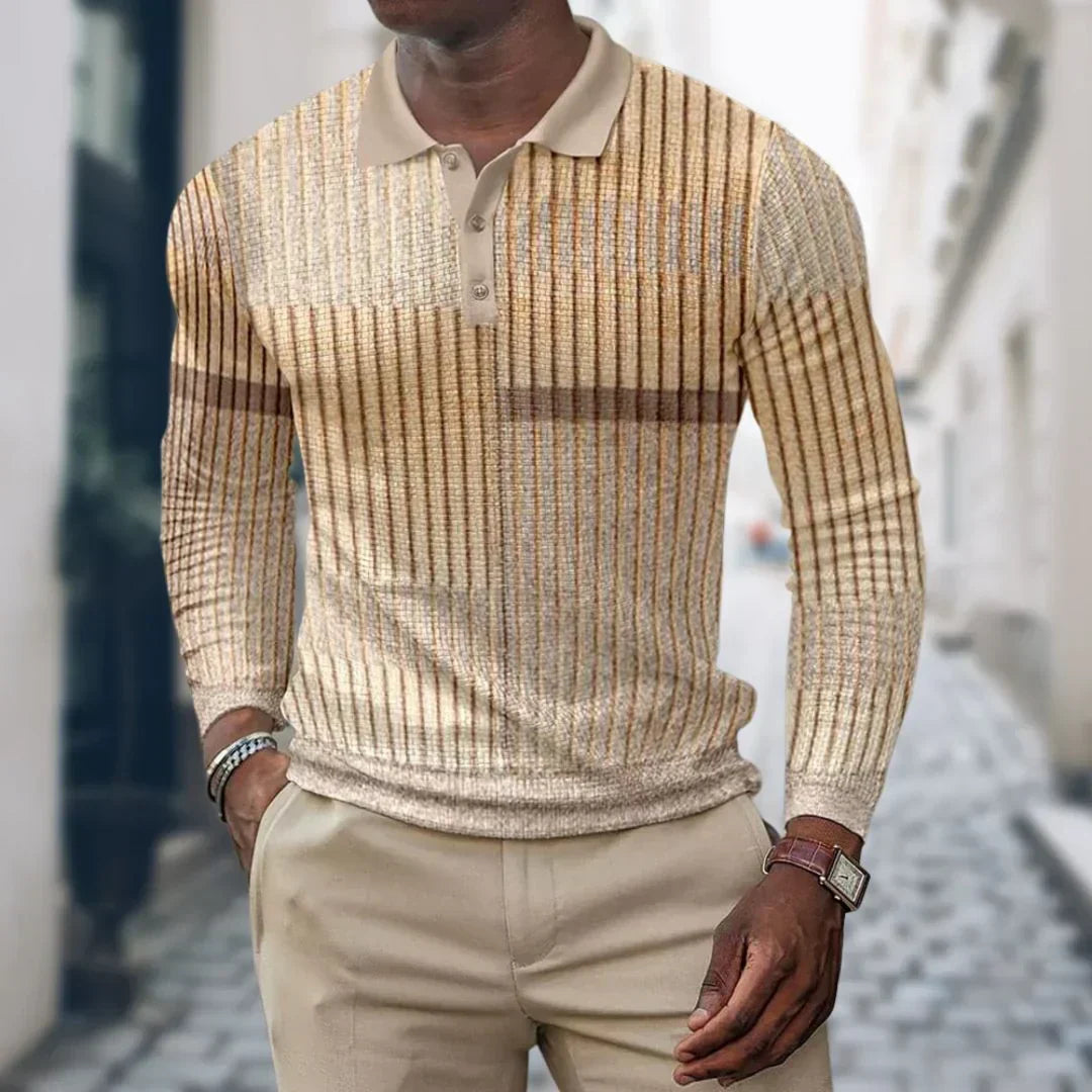 Herr långärmad pikétröja med knappslå – sportig och elegant