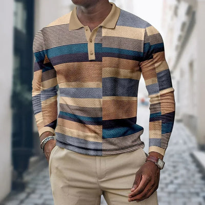 Herr långärmad pikétröja med knappslå – sportig och elegant