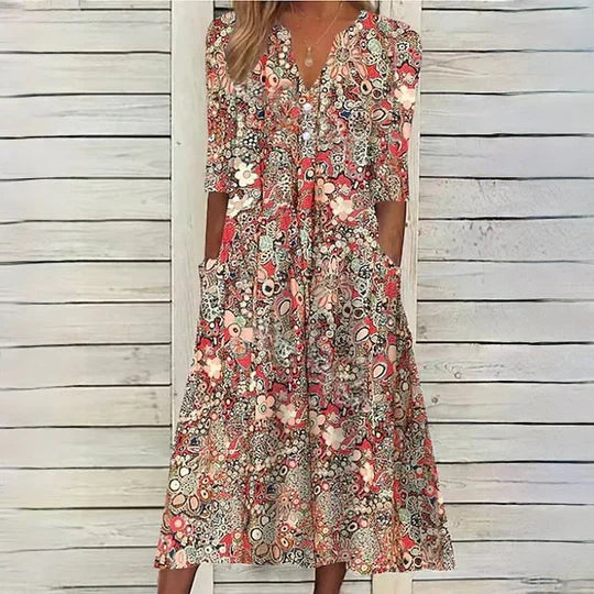 Beige blommig midiklänning - Hannah