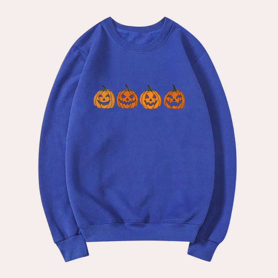 Afra - halloween-tröja med rund hals och pumpamotiv för kvinnor