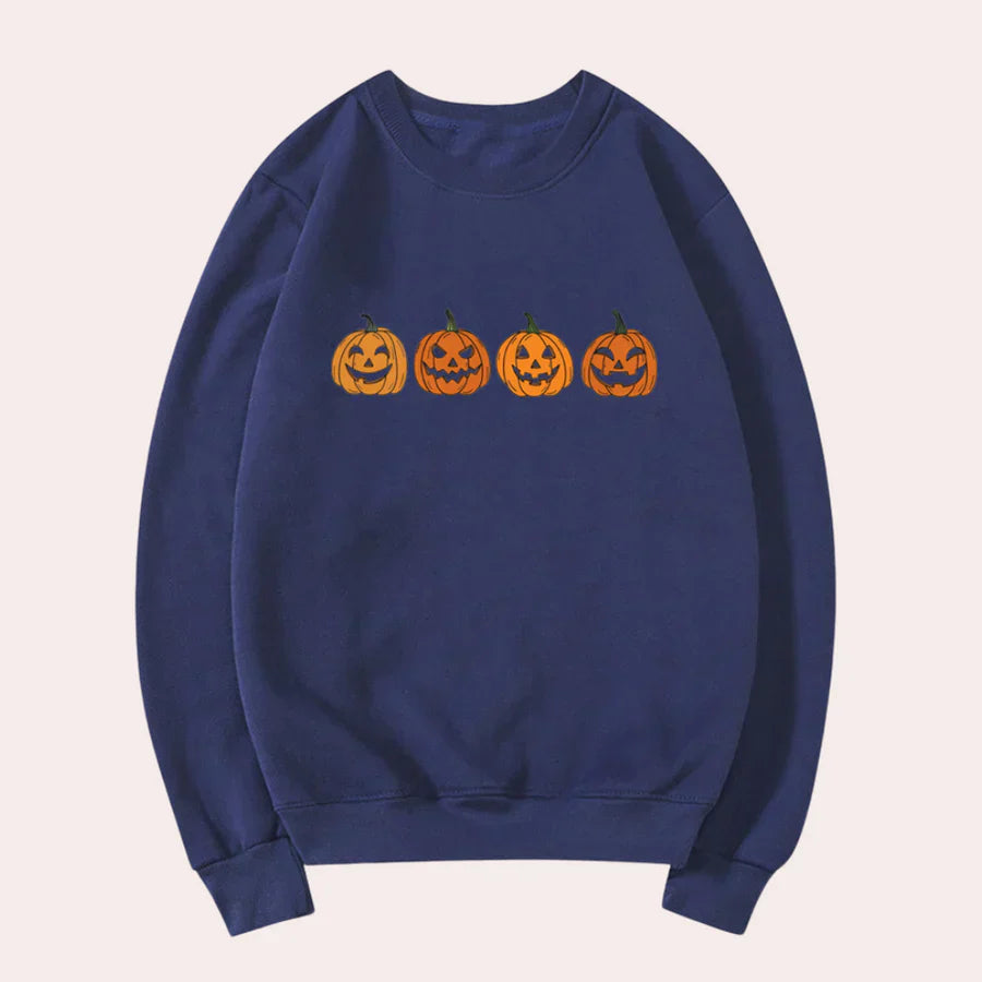 Afra - halloween-tröja med rund hals och pumpamotiv för kvinnor