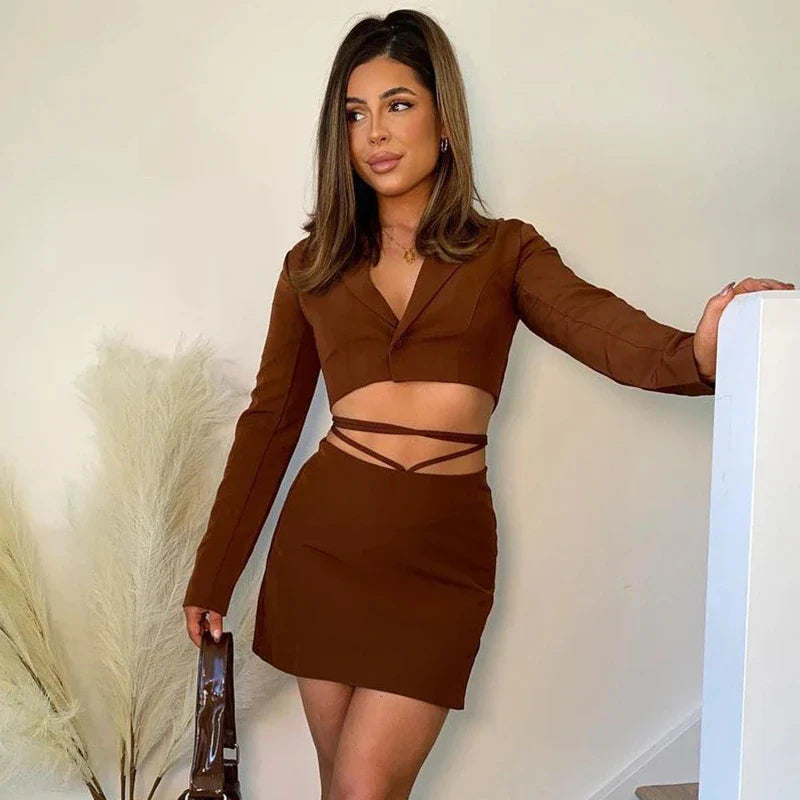 Yanie - Brun Stilig Åtsittande Blazer Set