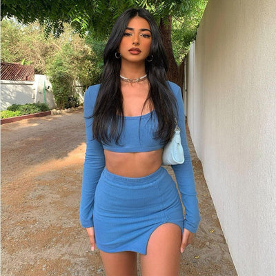 Toni - Blå Kvinnor Crop Top & Kjol Set