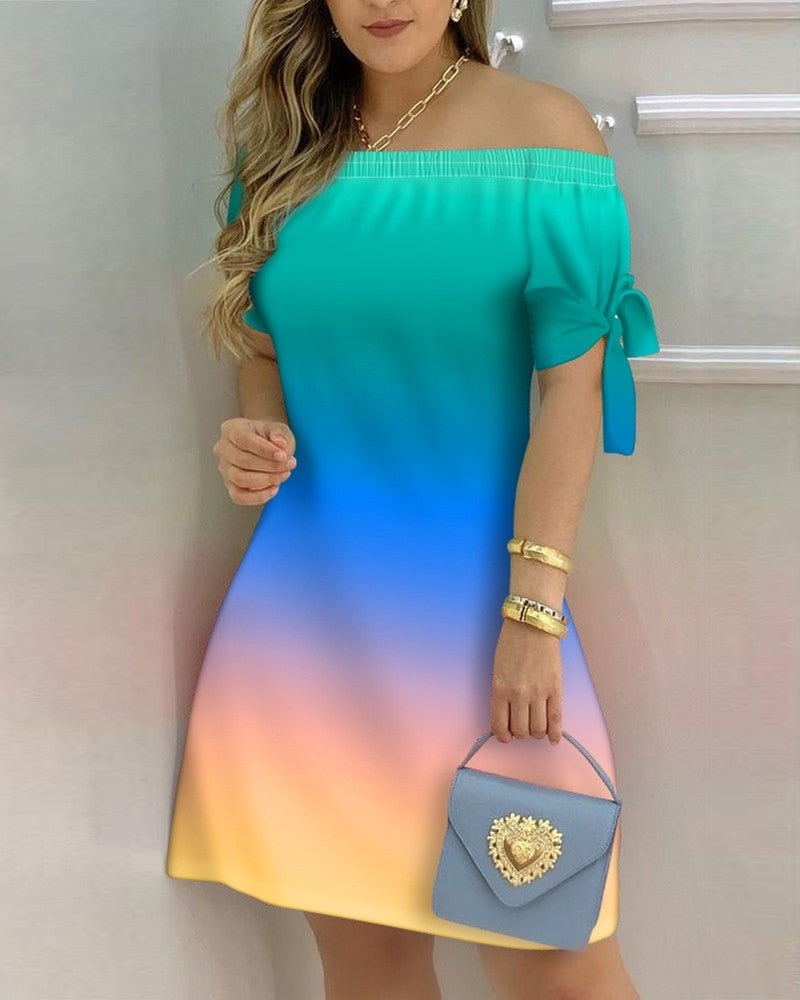 Rj - Dam Sommarklänning i Gradient Grönt med Off-shoulder
