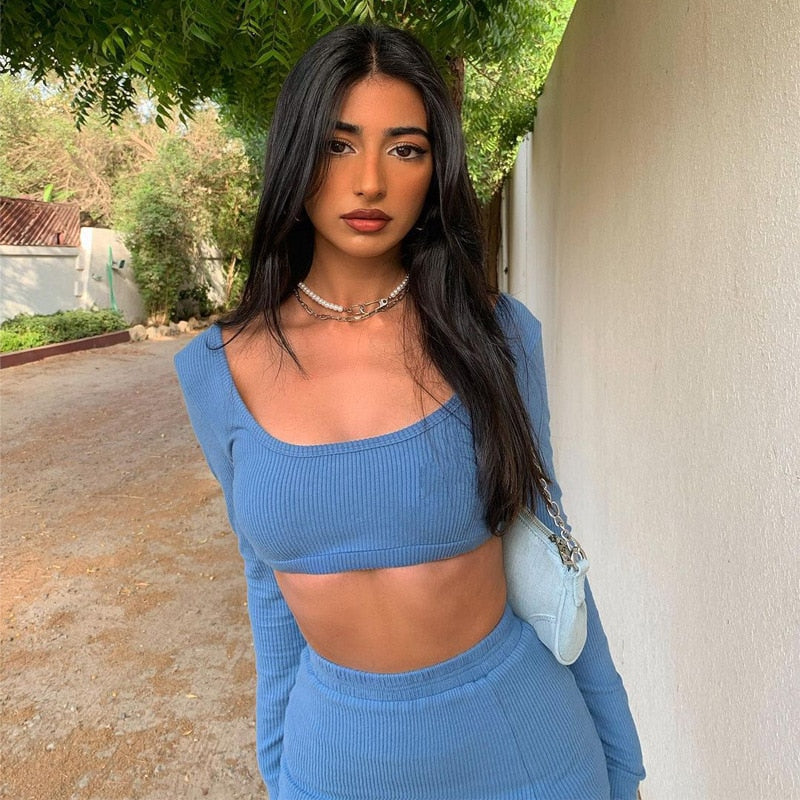 Toni - Blå Kvinnor Crop Top & Kjol Set