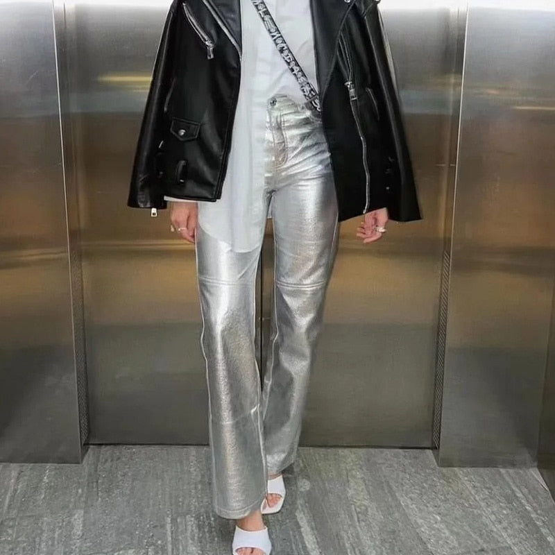 Celine - Casual Silver Läderbyxor