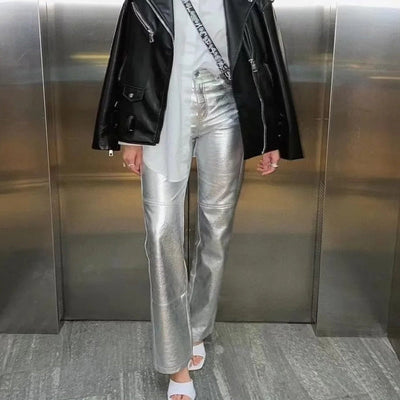 Celine - Casual Silver Läderbyxor