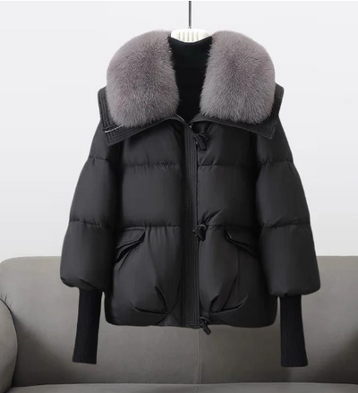 Vadderad quiltad jacka för kvinnor med pälskant