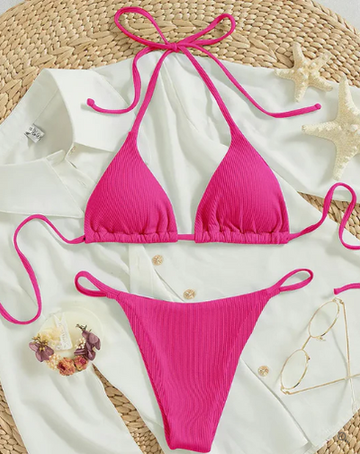 Zoey - blå bikini med högt band och v-ringning
