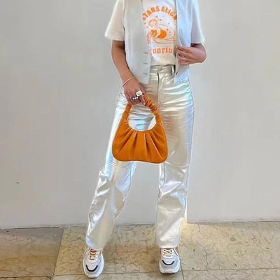 Celine - Casual Silver Läderbyxor