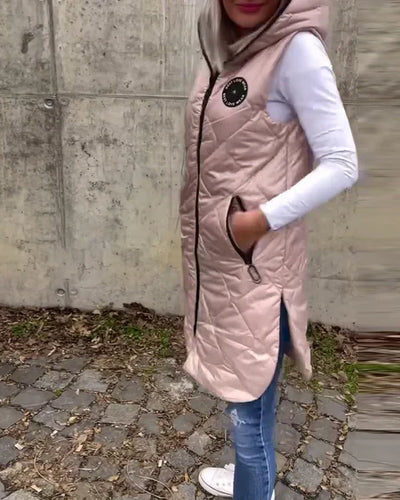 Ärmlös – ledig quiltad jacka med huva och dragkedja