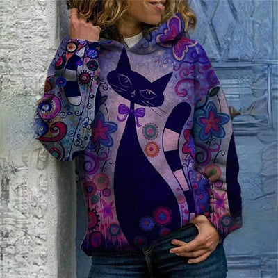 Lucia - elegant hoodie med katttryck