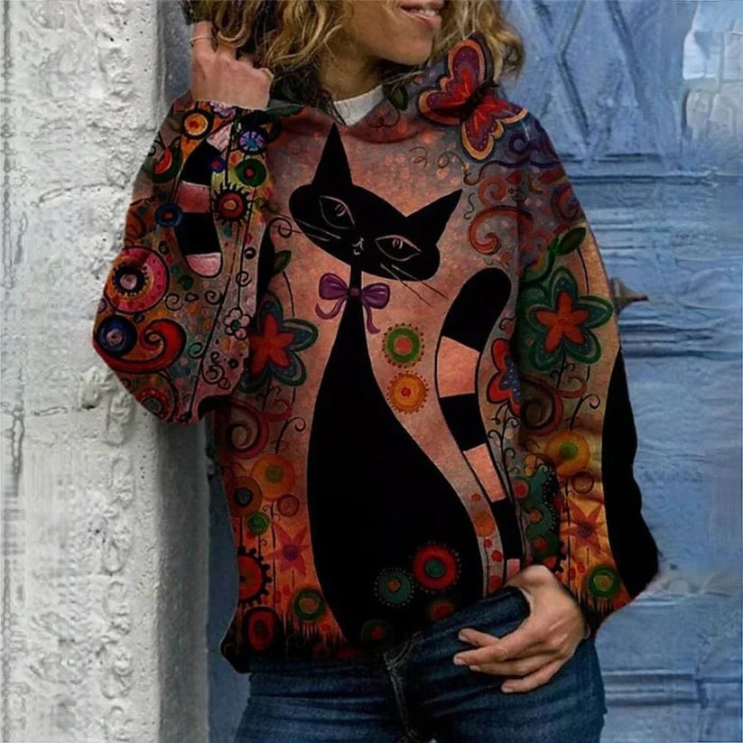 Lucia - elegant hoodie med katttryck